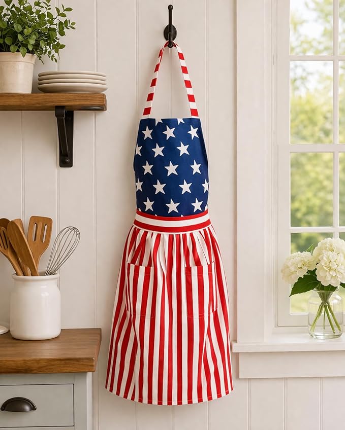 C&F Home American Flag Stars & Stripes 100% Cotton Cooking Baking Kitchen Apron w/Pockets All Seasons Summer Patriotic 4th of July USA Americana Adjustable Straps Costume Culinary Outfit Apparel