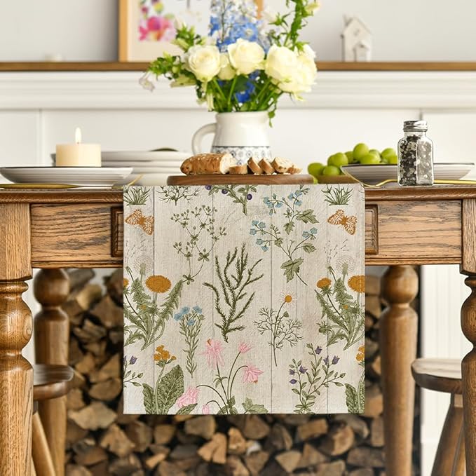 Artoid Mode Wood Wild Flowers Floral Spring Table Runner,Seasonal Summer Kitchen Dining Table Decoration for Home Party Decor 13x72 Inch