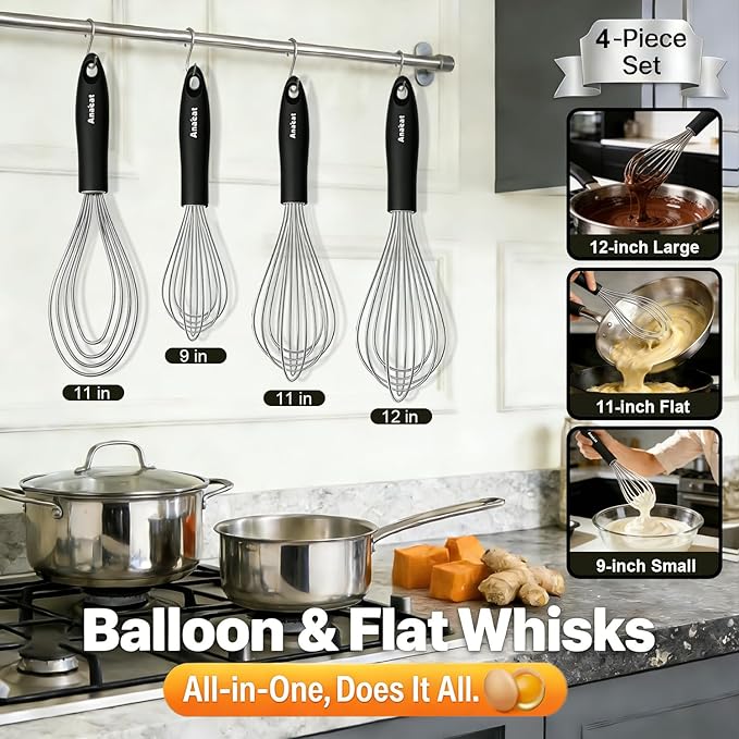 Anaeat Stainless Steel Kitchen Whisk Set of 4, Milk and Egg Beater Blender with Thick Wire for Whisking, Cooking, Baking, Beating and Stirring - 11'' Flat Whisk and 9''+11''+12'' Balloon Whisks