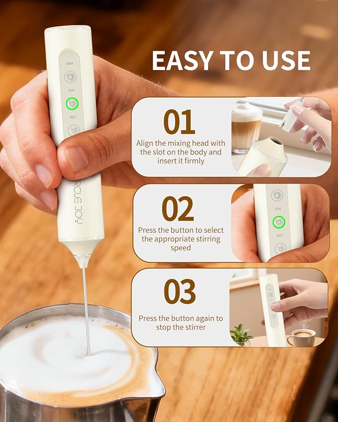 CIRCLE JOY Rechargeable Handheld Milk Frother Wand with 3 Variable Speeds, 3 Whisks and Storage Box, Electric Drink Mixer for Latte, Cappuccino, Hot Chocolate, Eggs and Protein Powder, Beige
