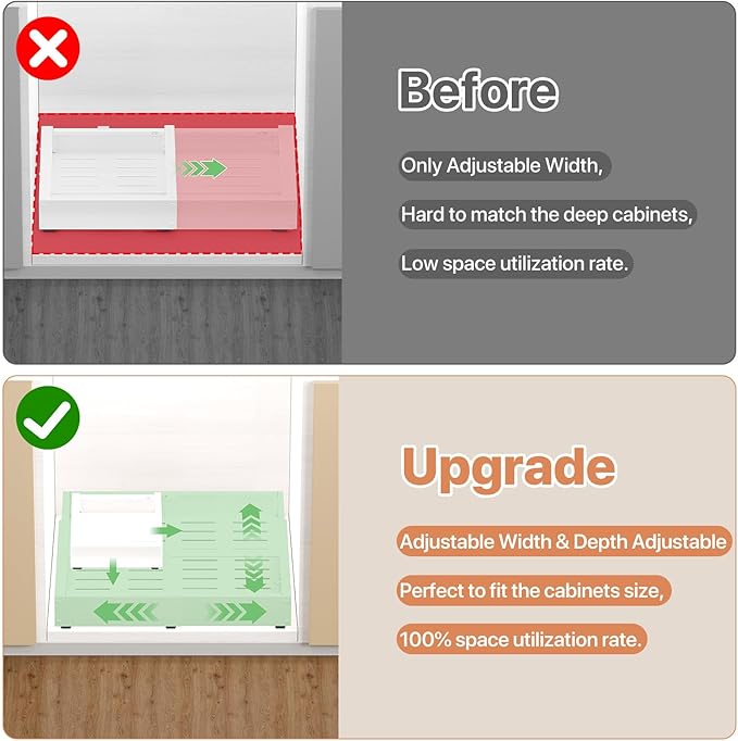 2 Pack Pull out Cabinet Organizer, Width (10"-16") Depth (17"-25"), with 3 Rails Adjustable Slide, Expandable Pullout Drawers for Cabinets, No Drill Adhesive Kitchen Drawers for Pantry Shelves