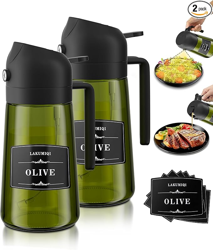 LAKUMIQI 2 in 1 Oil Sprayer for Cooking, 16oz Olive Oil Dispenser Bottle for Kitchen, Food Grade Light-Blocking Leak Proof Glass Spray Bottle for Salad, Air Fryer, BBQ