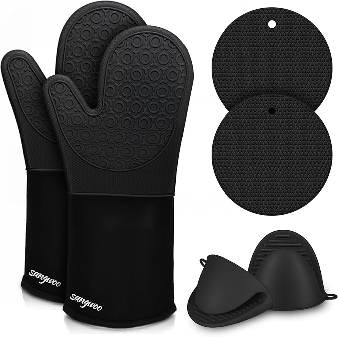 sungwoo 6pcs Silicone Oven Mitts and Pot Holders Sets, 14.6 Inch Heat Resistant Oven Gloves with Quilted Liner Non-Slip Textured Grip Perfect for BBQ, Baking, Cooking and Grilling Black