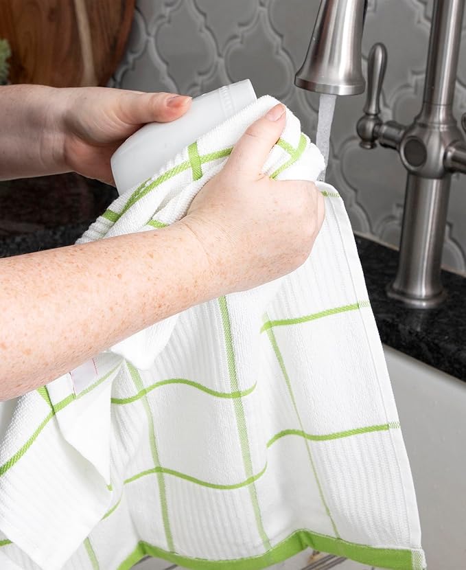 T-Fal Solid & Checked Parquet Kitchen Towels: Highly Absorbent, Super Soft Long Lasting - 100% Cotton, 16"x26" Dish Towels for Cleaning & Drying Dishes, Pans, Glassware, Countertops, 6-Pack, Green