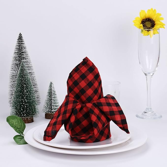 Red Buffalo Plaid Cloth Napkins Set of 6, Red and Black Checkered Table Napkins Washable, Oversized Gingham Napkins, Christmas Dinner Napkins for Wedding, Parties, Thanksgiving, Dining Celebration