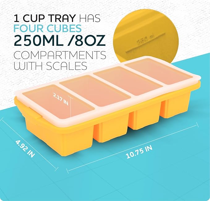 XOMOO Silicone Freezer Tray With Lid - Soup Freezer Container molds - Large Ice Cube Tray- makes 8 perfect 1 cup portions cubes, 2-Pack Freezer Storage Food Soups & Meal Prep - Oven & Dishwasher -Safe