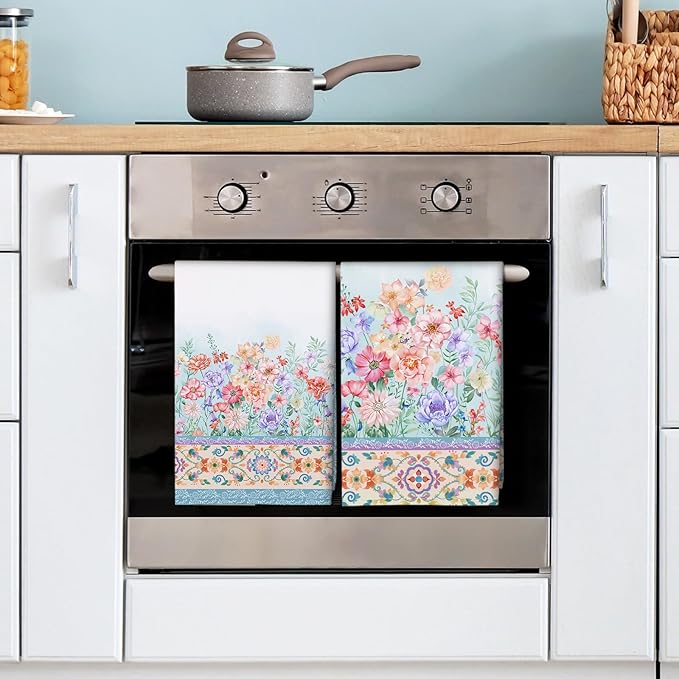 Watercolor Floral Tea Towels, Cotton Kitchen Towel 18.9 × 27.5 inch, Quick Drying Dish Cloth for Party Anniversary Holiday Decoration, Housewarming Gifts for Mom