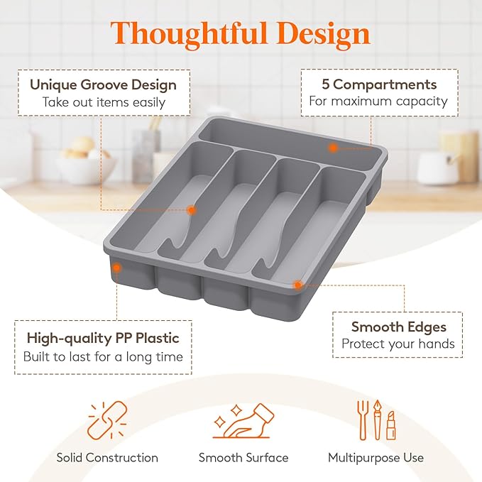 Lifewit Silverware Organizer with Lid, Covered Utensil Tray for Kitchen Drawer and Countertop, Plastic Cutlery and Flatware Storage Box for Spoons Forks Knives Holder Case, 23 x 32 cm, Gray