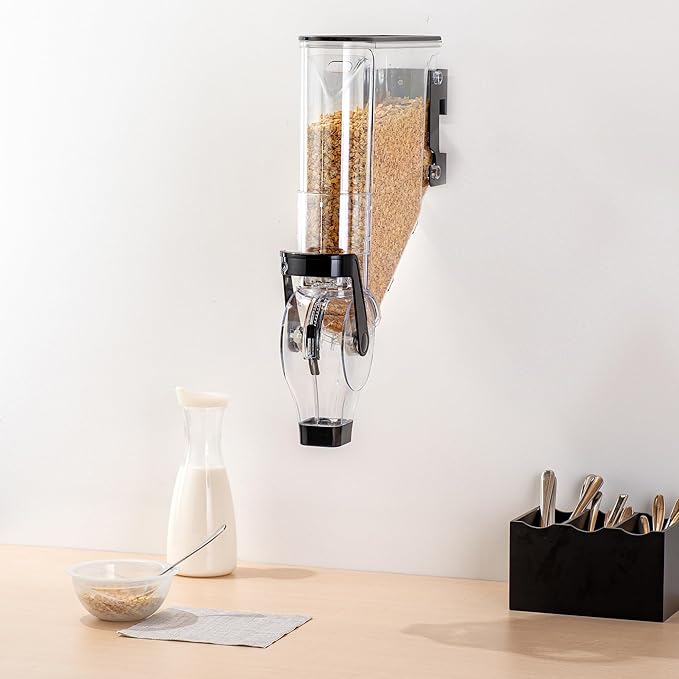 Restaurantware Cereal Dispenser 2 gal Plastic Wall-Mounted Gravity Bin Candy Dispenser Self-Serve Black Dry Food with Wall Mount Brackets for Breakfast Buffet or Hotel Use
