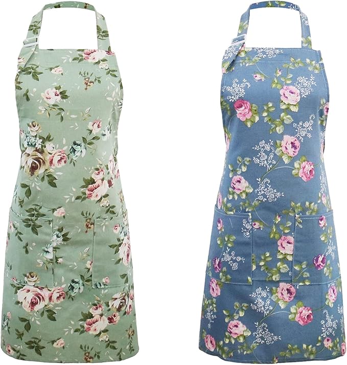 Kitchen Aprons for Women, 2 Pack Floral Aprons with 2 Pockets, Vintage Chef Bakers Apron for Cooking Baking Gardening, Birthday Mothers Day Apron Gifts for Mom Wife Sister Daughter Grandma