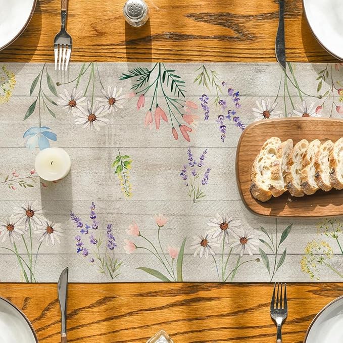Artoid Mode Wood Flowers Floral Spring Table Runner, Seasonal Summer Kitchen Dining Table Decoration for Home Party Decor 13x72 Inch