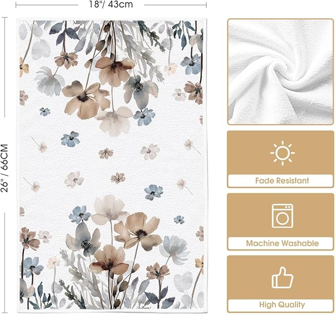 Artoid Mode Brown Poppy Floral Leaves Spring Kitchen Towels Dish Towels, 18x26 Inch Seasonal Summer Decoration Hand Towels Set of 2