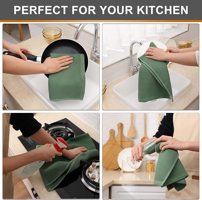 Kitinjoy 100% Cotton Waffle Weave Kitchen Hand Towels (13 X 28 Inches, Grass Green), 8-Pack Super Soft and Absorbent Dish Towel for Drying Dishes