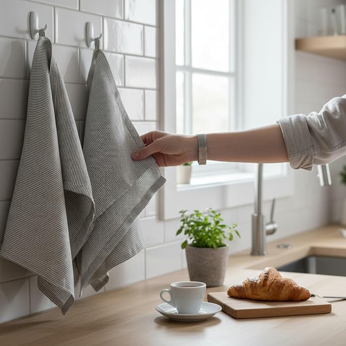 Eight Owls Stonewashed Linen Kitchen Dish Towels - 20 x 27 inch – 100% Pure Linen Tea Towel/Hand Towel - Set of 2 (Black Pinstripe)