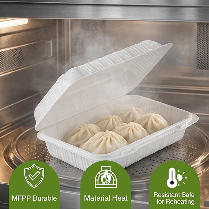 Compostable 9x6 Clamshell Take Out Food Containers [50-Pack] - Biodegradable Sugarcane To Go Boxes - Paper Food Container - Microwave & Freezer Safe, Stackable - White