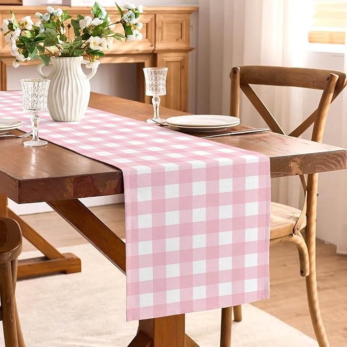 Pink Gingham Party Supplies Light Pink and White Checkered Table Runner Easter Baby Shower BBQ Picnic Home Kitchen Island Decor (Pink, 13" x 90")