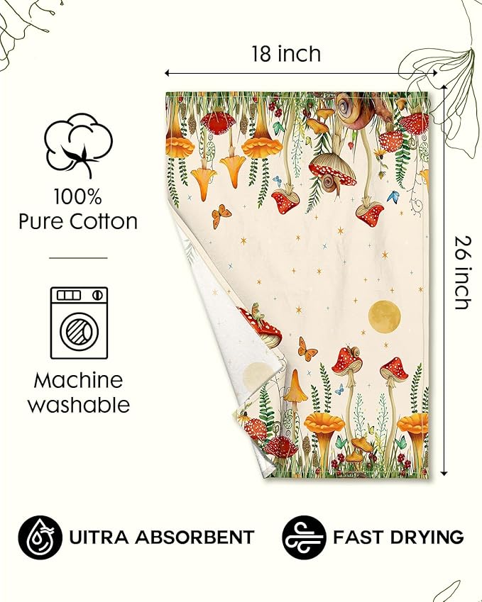 Miss Adola Flour Sack Kitchen Towels - Set of 2 Spring Dish Towels with Hanging Loop 18x26 Inch Absorbent Reusable Cotton Cloths for Cleaning Cute Design Home Decorative Housewarming, Mushroom Moon