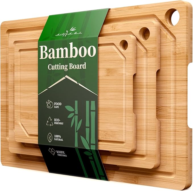 Kitsure Bamboo Cutting Board Set - Multi-Sizes Wooden Cutting Boards for Kitchen, Convenient Kitchen Essentials with Deep Juice Grooves, Cutting Board for Chopping & Serving, 3 Pack, Natural