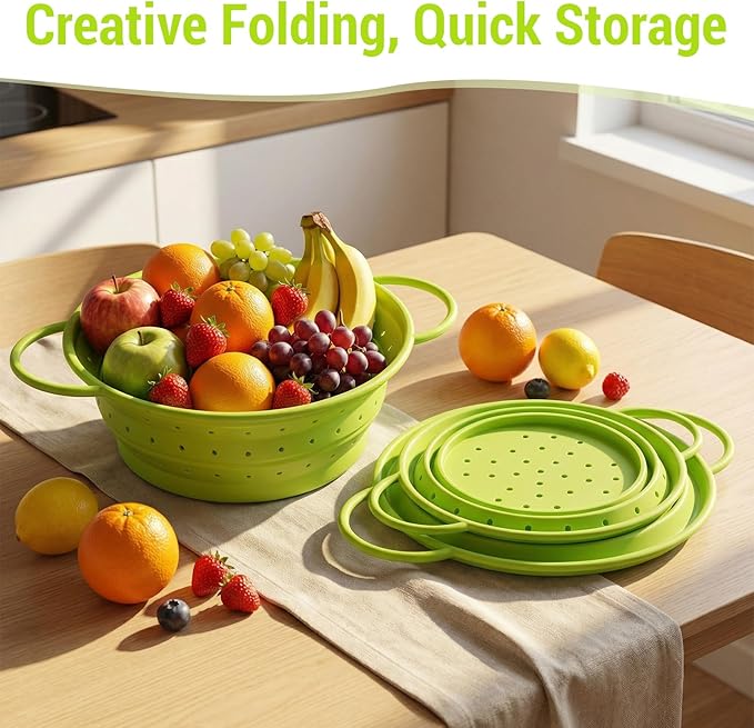 3 Pack Collapsible Colander with Strainer Bowl Set, 11 & 13 In BPA-Free Silicone Colanders for Kitchen, Heat-Resistant Strainer Dishwasher Safe Baskets for Vegetable Fruits (Green)