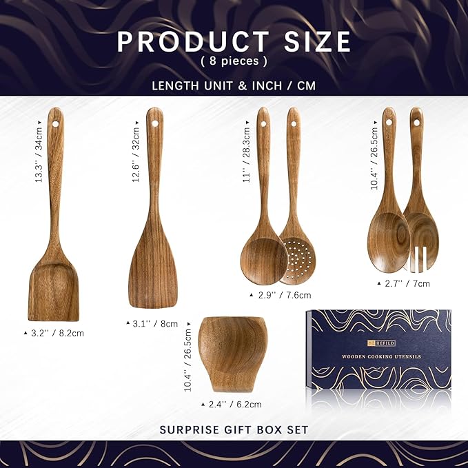 Wooden Spoons for Cooking, Nonstick Cooking Utensil Set with 6 Piece Acacia Wooden Spatulas and Spoons, as well as a Extra Whole Wood Spoon Rest, Terrific for Everyday Kitchen Tasks