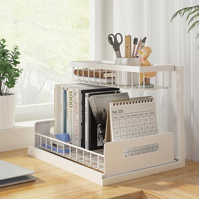 REALINN Under Sink Organizer, Pull Out Cabinet Organizer, 2 Tier Metal Slide Out Shelf with L Shaped Design, Under Cabinet Storage for Kitchen, Bathroom, Laundry, Deep Cabinet Shelf Storage, White
