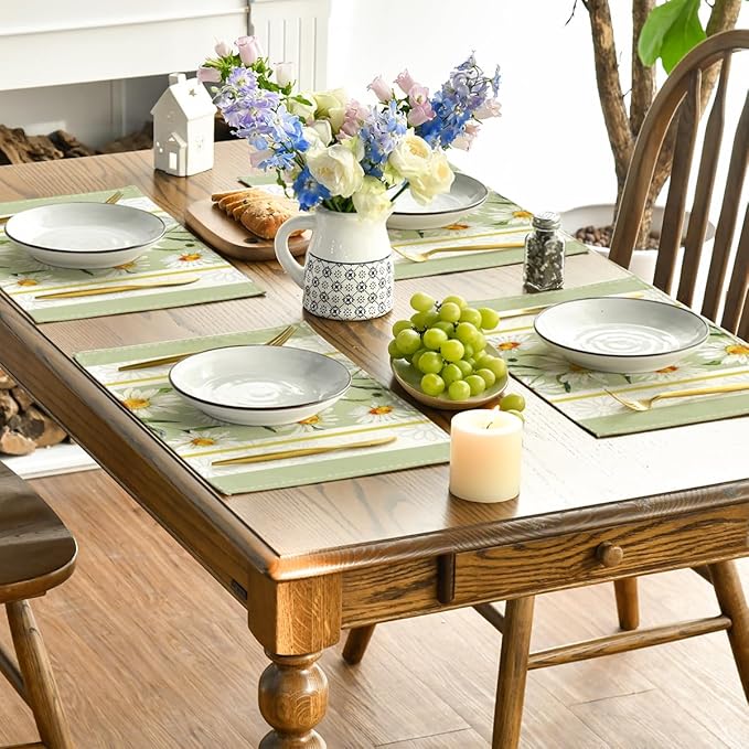 Artoid Mode Eucalyptus Leaves Daisy Vase Placemats for Dining Table, 12 x 18 Inch Spring Easter Summer Seasonal Holiday Decoration Rustic Vintage Washable Table Mats Set of 4 Green
