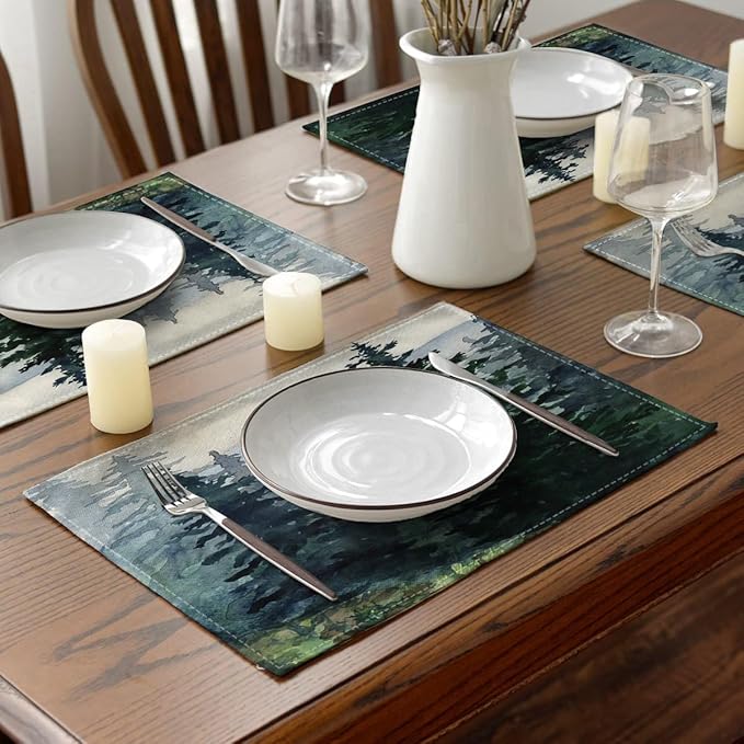 Ansouyi Placemats Set of 6, Green Watercolor Landscape Pine Forest Washable Heat Resistant Linen Table Mats, Kitchen Decor Non-Slip Place Mats for Party Dining, 12x18 Inch