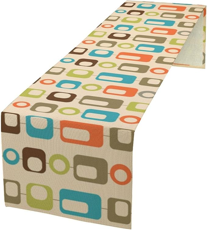 Mid Century Modern Table Runner Retro Abstract Geometric Boho 1960s Art Printed Dinner Runner for Home Kitchen Dining Table Decor Fabric 1 Panel W13xL108in