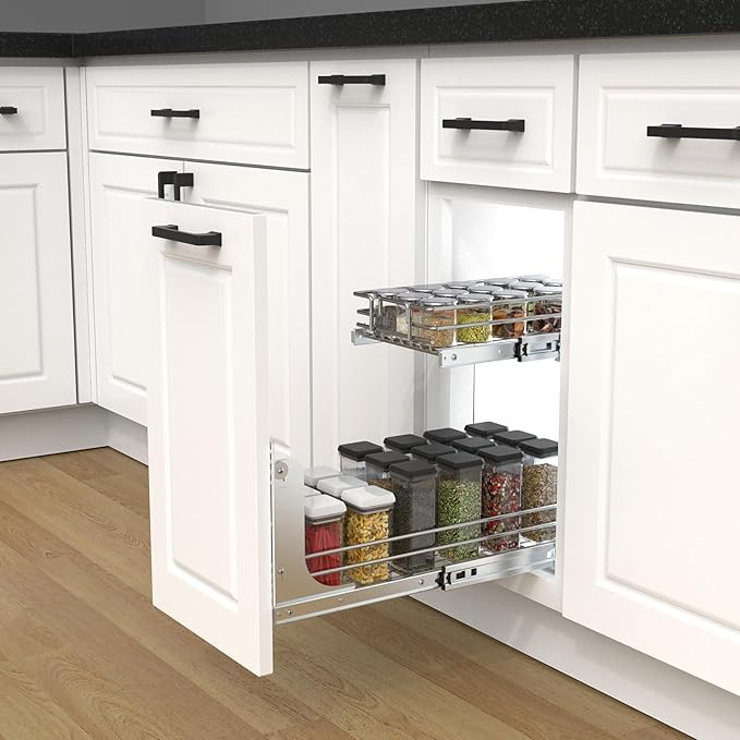 2 Tier Pull Out Cabinet Organizer, 9" W x 21" D Heavy-Duty Metal Sliding Drawer Shelf for Kitchen Cabinets, Chrome, Doesn't Include Door Fittings