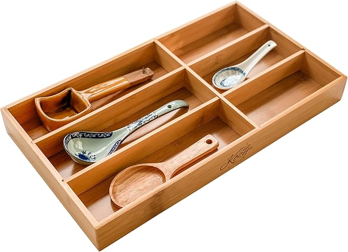 Premium Bamboo Drawer Organizer – 6-Compartment Wood Finish Organizer for Kitchen, Office, or Clothing