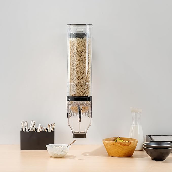 Restaurantware Cereal Dispenser 5 gal Plastic Wall-Mounted Gravity Bin Candy Dispenser Self-Serve Black Dry Food with Wall Mount Brackets for Breakfast Buffet or Hotel Use