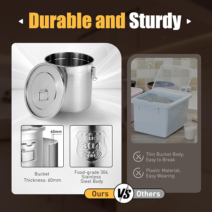 304 Stainless Steel Airtight Canister for Kitchen, Bucket Canisters,Cereal Container with Airtight Lid and Handles,Rice Cereal Grain Storage Canisters for Household (33L/ 8.71Ga)