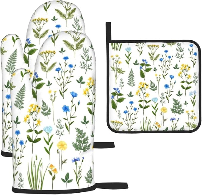 Blue Yellow Green Floral Oven Mitts & Pot Holders Sets of 3, Heat Resistant Sky Blue Teal White Flowers Kitchen Gloves and Hot Pads for Cooking Baking Grilling, Baking Gifts for Women, Kitchen Decor
