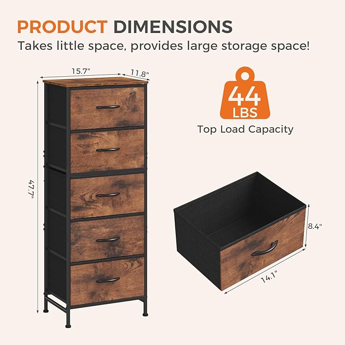 DUMOS Nightstand with 5 Drawers Bedside Table with Removable Fabric Bins Sturdy Steel Frame Wood Top Organizer Furniture for Bedroom Nursery Closet Living Room, Brown