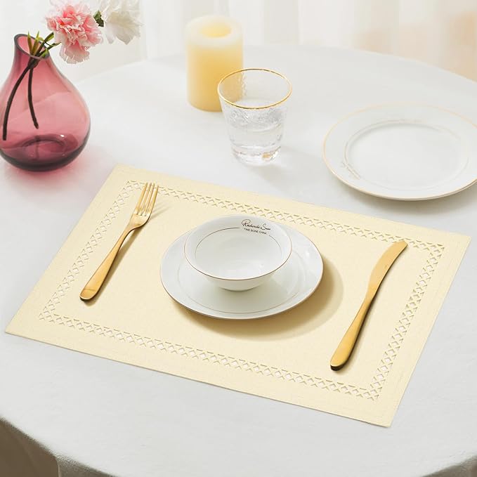 Linen Cloth Placemats Set of 4, HADEEONG 12 x 18 Inch Hollow Edge Place Mats Washable Heat Resistant Placemats Cloth Table Mats for Dining Table Home Decor (Beige, 4)