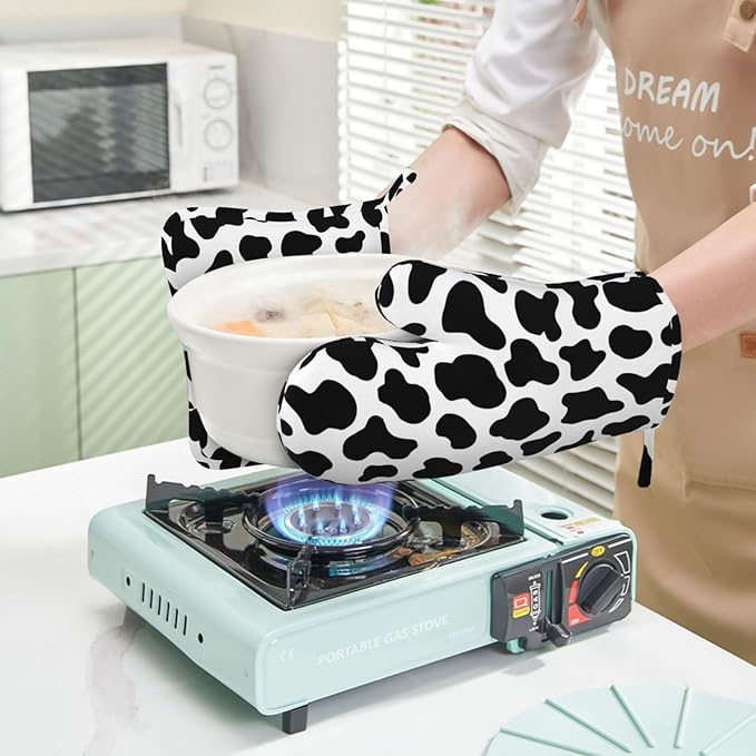Cow Print Oven Mitts and Pot Holders Sets Silicone Black White Cow Print Kitchen Mitts Potholders Heat Resistant 4Pcs Farmhouse Cowhide Oven Gloves Hot Pads for Kitchen Baking Cooking