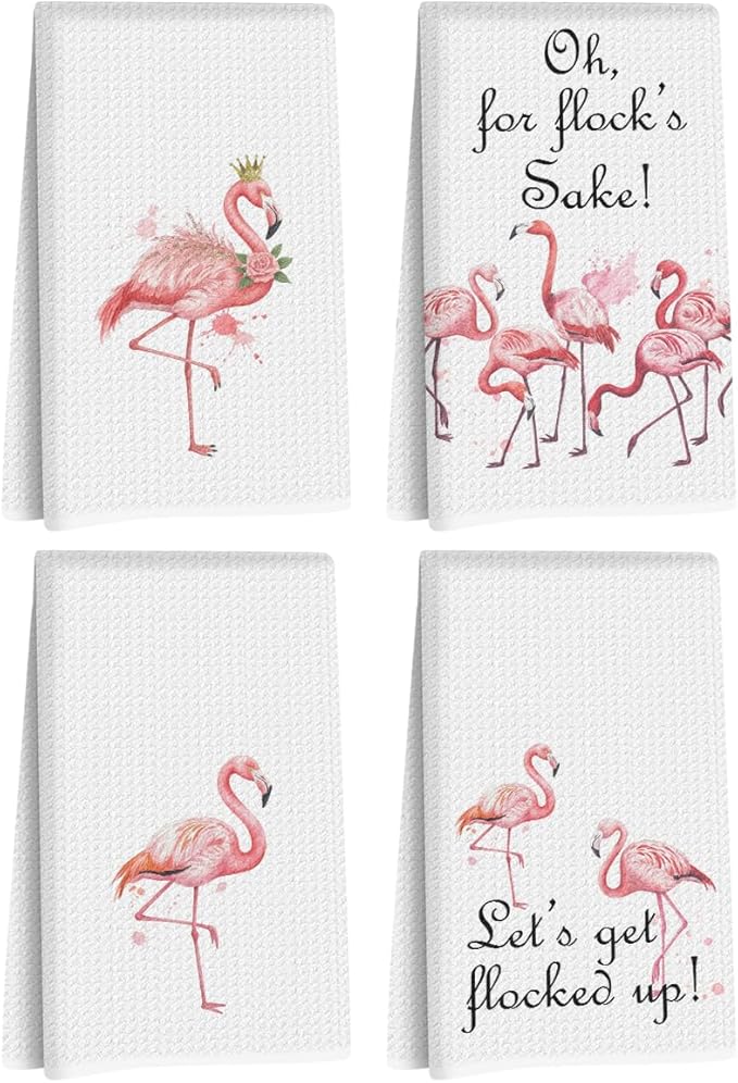 Jztco 4 Pcs Funny Flamingo Kitchen Towels 24x14 Inch, Hot Pink Bird Reusable Dish Towels for Kitchen Home Bathroom Decor, Waffle Weave Absorbent Hand Cloth Tea Towel, Flamingo Gifts for Women Mom