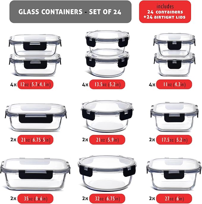 Nestl 48pc (24 Airtight, Freezer Safe Food Storage Containers and 24 Lids), Pantry Kitchen Storage Containers, Glass Meal Prep Container for Lunch, Glass Storage Containers with Lids Black
