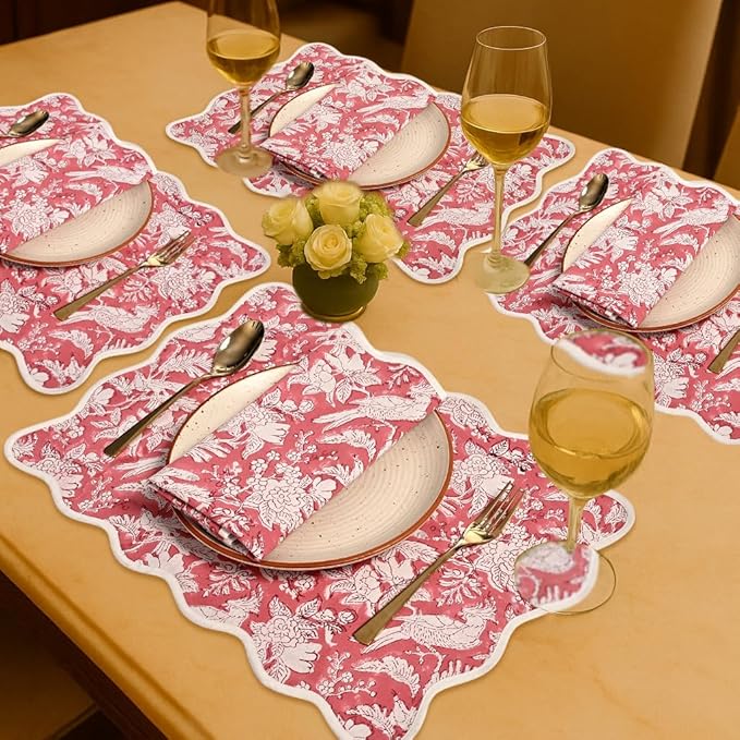 CPC Cotton Placemats Pink Coral Set of 4-Hand Block Printed Reversible Placemats, Flower Scalloped & Embroidered Cloth Table Mats - 14 x 20 inch Gift for Spring, Mother's Day