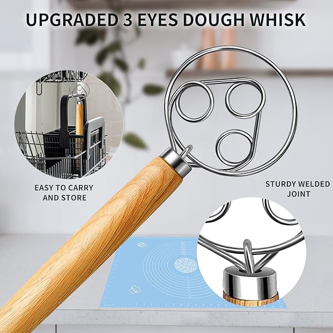 TEEVEA Danish Dough Whisk for Bread Sourdough, Wooden Handle & Stainless Steel Hook