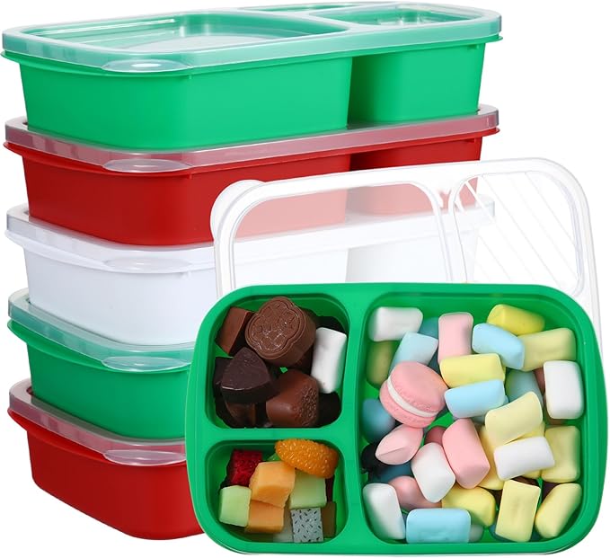 Honeydak 5 Pack Snack Containers 3 Compartment Bento Snack Boxes Divided Meal Prep Containers with Lids Reusable Adults Lunch Food Storage Box for School Work Travel (Red and Green)