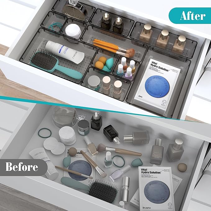 StorMiracle 13 PCS Clear Plastic Drawer Organizers Set, 4 Size Desk Drawer Organizer Trays for Makeup, Jewelry, Kitchen Utensils, Gadgets and Office Accessories, Black