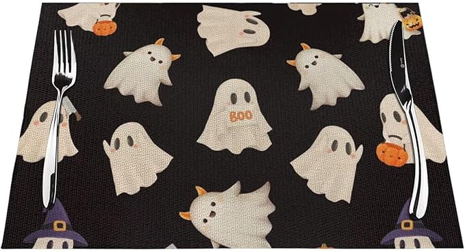 Halloween Cute Placemats 12x18 Inch Set of 4, Halloween Funny Ghost Pumpkin Table Place Mat Black and White Ghost Washable Table Mats Decorative Linen Fabric Table Mat for Dining Table