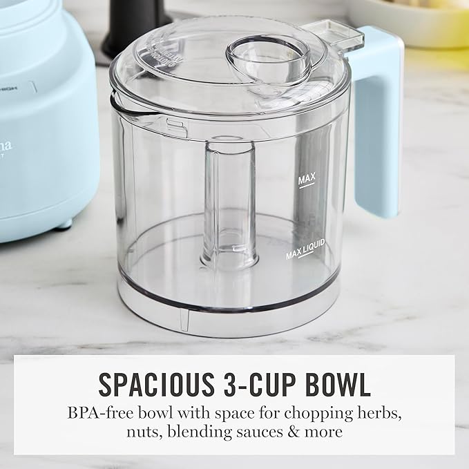 Martha Stewart 3 Cup Food Processor, Electric Vegetable Chopper, Stainless Steel Blades, 24oz BPA-Free Bowl, Pour Spout, Dicing, Mincing, Chop & Puree, Dishwasher Safe, Oil Chute, Easy-Clean, Sky Blue