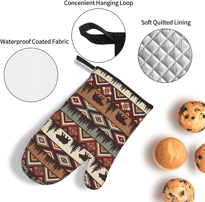 Vintage Rustic Oven Mitts and Pot Holders Sets of 3 Heat Resistant Hot Pads Bear Mountain Oven Gloves for Kitchen Cooking BBQ Baking