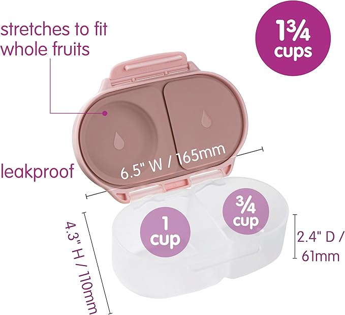 b.box Snack Box - Leakproof Mini Bento Box for Kids & Toddlers, 2 Compartment Snack Containers for Kids, Lunch Containers, Dishwasher Safe, BPA Free, PFAS Free, Ages 4m+, 1 3/4 Cup - Blush Crush