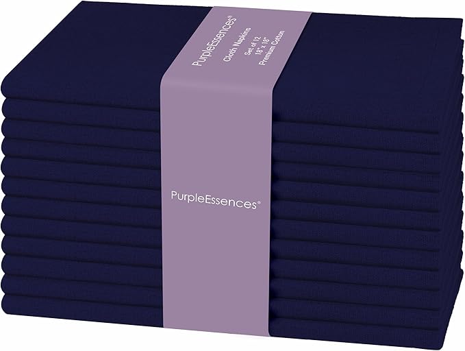 PurpleEssences Set of 12 Cloth Dinner Napkins 100% Cotton 18x18 Inch - Soft Durable Washable - Ideal for Farmhouse Party Spring Easter Summer - Perfect Everyday Use Table Linen - Navy Blue