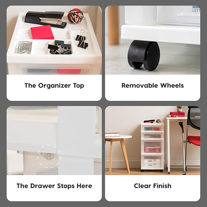 IRIS USA Plastic Drawer Storage Organizer Rolling Cart, with Wheels Casters, 4-Drawers, for Classroom Art Craft Supplies Dresser Closet Bathroom Laundry Room, White/Clear
