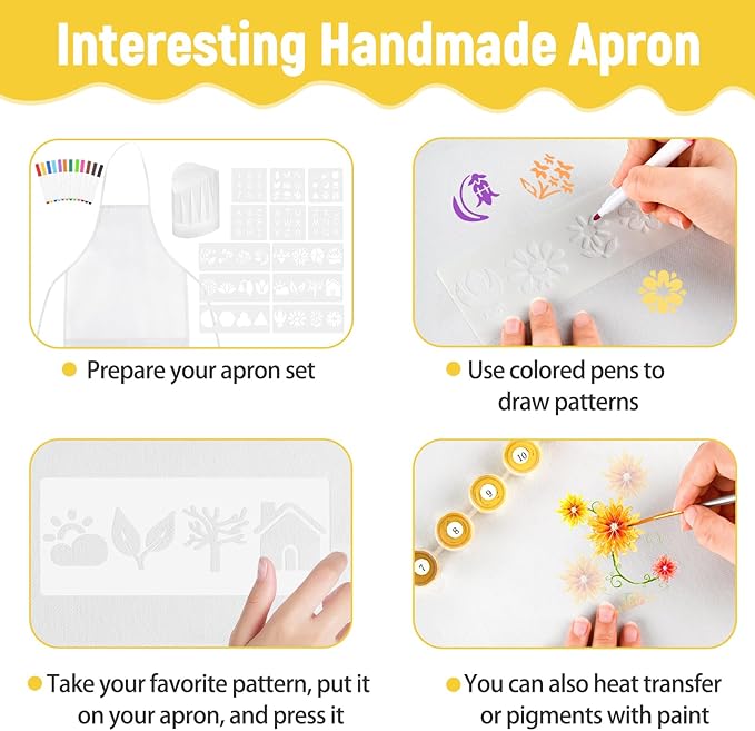 72PCS DIY Kids Chef Hat and Apron Set Kids Painting Aprons with Colored Pen and Crafts Template for Baking Painting Craft