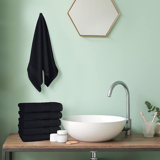 Belizzi Home Ultra Soft 6-Piece Hand Towel Set 16x28-100% Ringspun Cotton - Durable & Highly Absorbent Hand Towels - Ideal for use in Bathroom, Kitchen, Gym, Spa & General Cleaning - Black